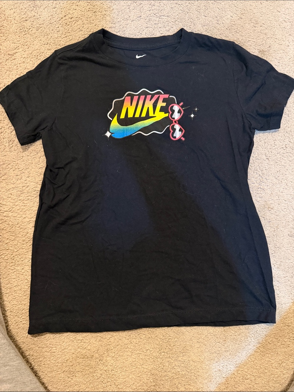 Nike Black Tee with Rainbow Swoosh and Pink Sunglasses